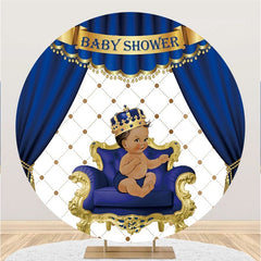 Aperturee Blue Curtain With Crown Boy Circle Baby Shower Backdrop