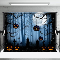 Aperturee - Blue Dark Night Forest Grave Spider Web Halloween Backdrop