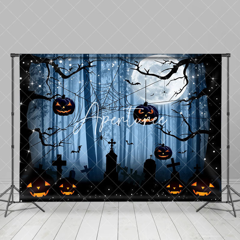 Aperturee - Blue Dark Night Forest Grave Spider Web Halloween Backdrop