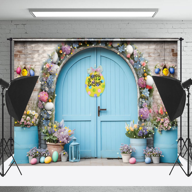 Aperturee - Blue Door Brick Wall Floral Happy Easter Backdrop