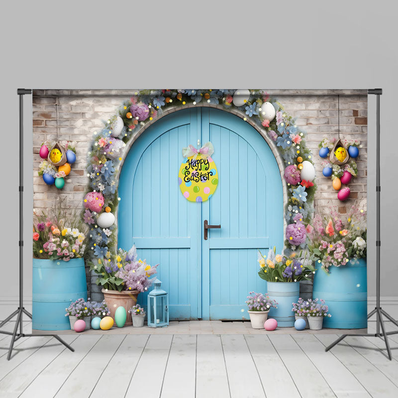 Aperturee - Blue Door Brick Wall Floral Happy Easter Backdrop