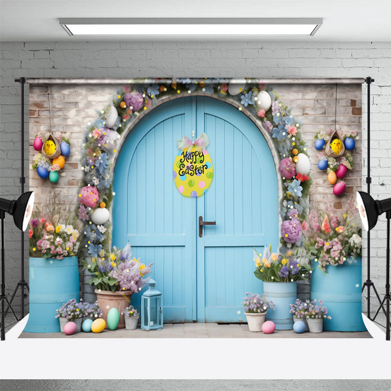 Aperturee - Blue Door Brick Wall Floral Happy Easter Backdrop