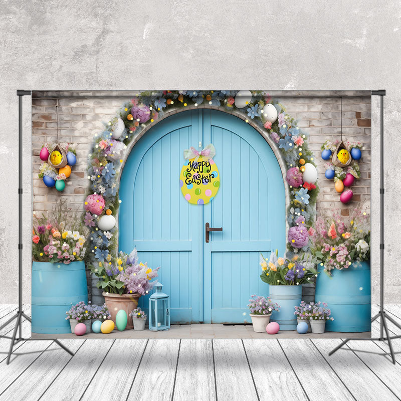 Aperturee - Blue Door Brick Wall Floral Happy Easter Backdrop