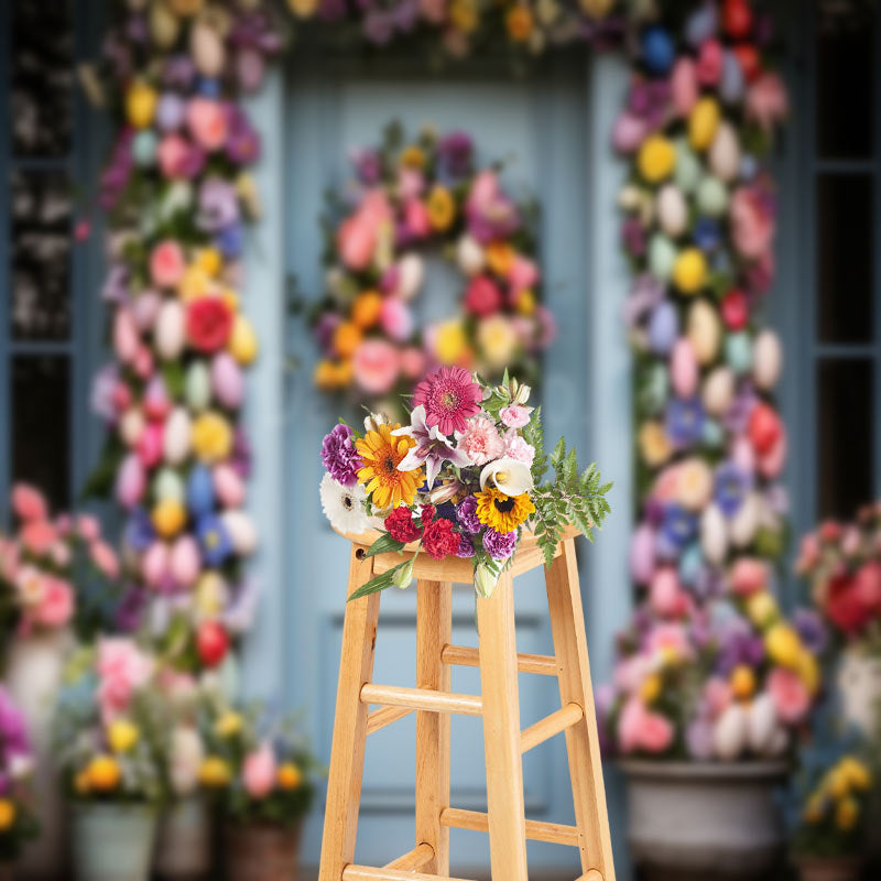 Aperturee - Blue Door Colorful Egg Floral Easter Photo Backdrops