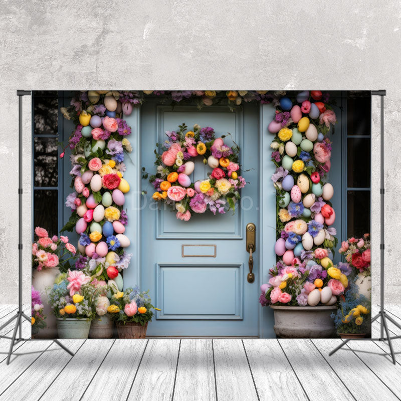 Aperturee - Blue Door Colorful Egg Floral Easter Photo Backdrops