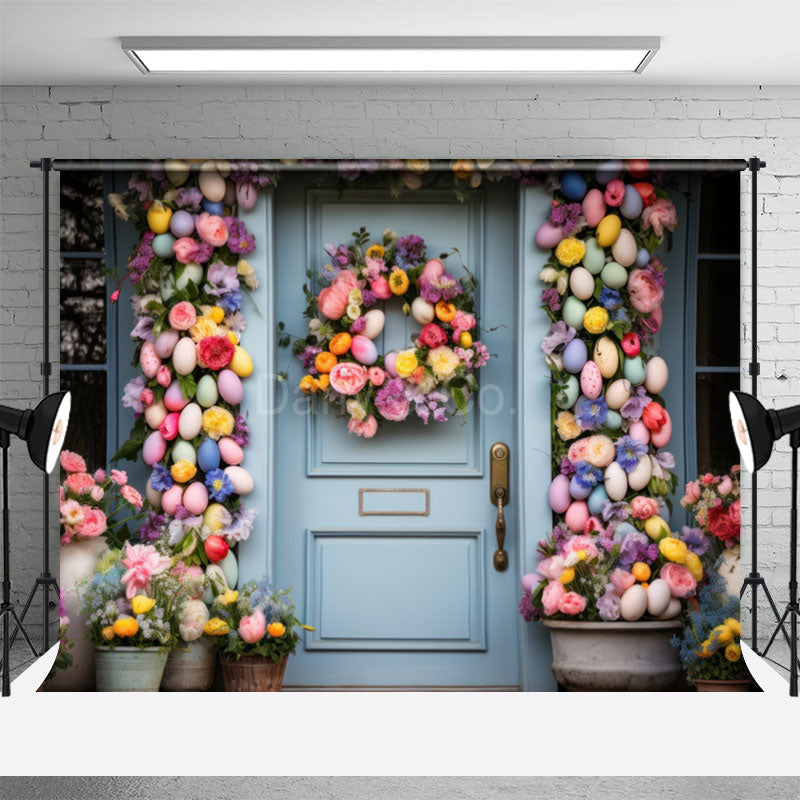 Aperturee - Blue Door Colorful Egg Floral Easter Photo Backdrops