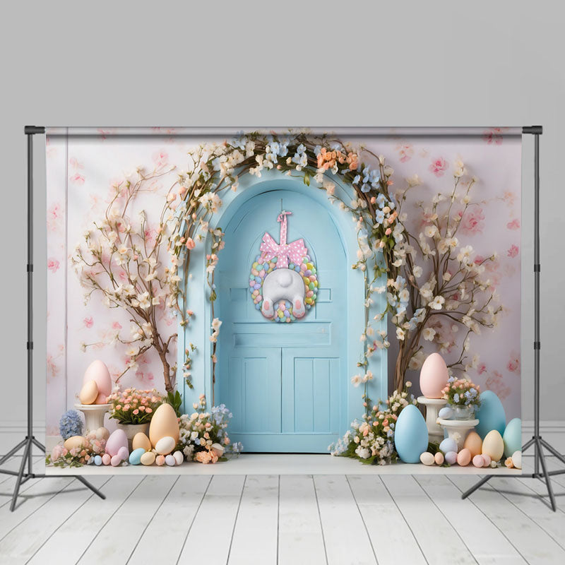 Aperturee - Blue Door Flowers Colorful Eggs Easter Backdrop