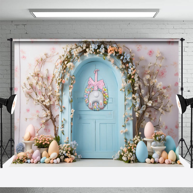 Aperturee - Blue Door Flowers Colorful Eggs Easter Backdrop