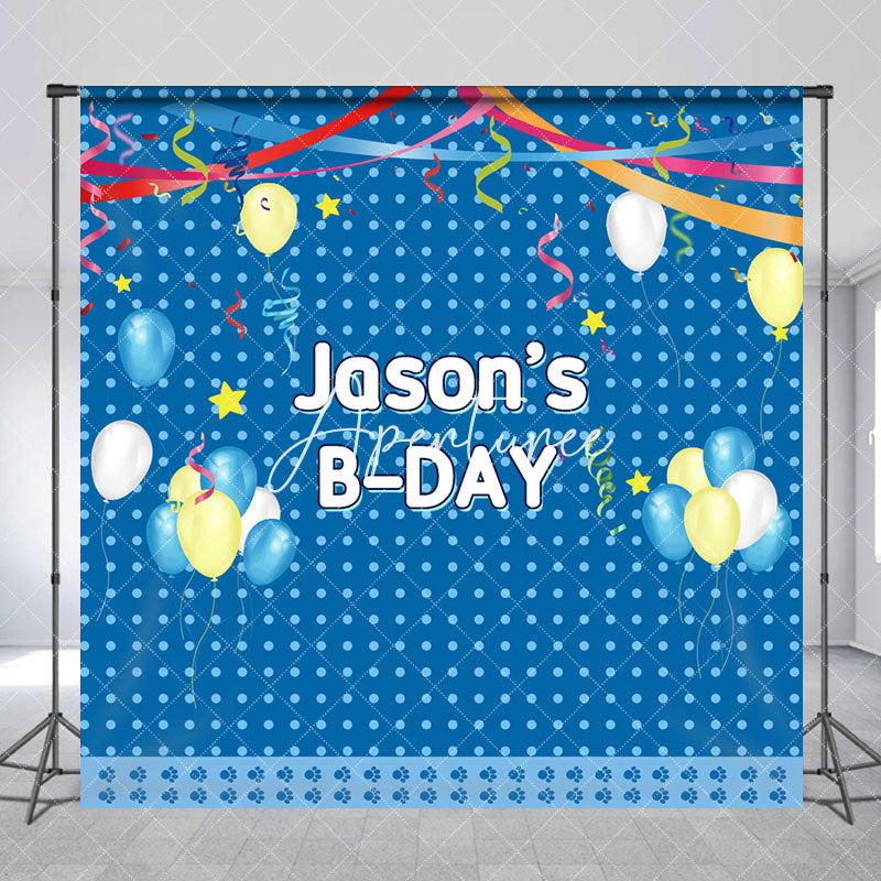 Aperturee - Blue Dots Balloons Custom Name Birthday Backdrop