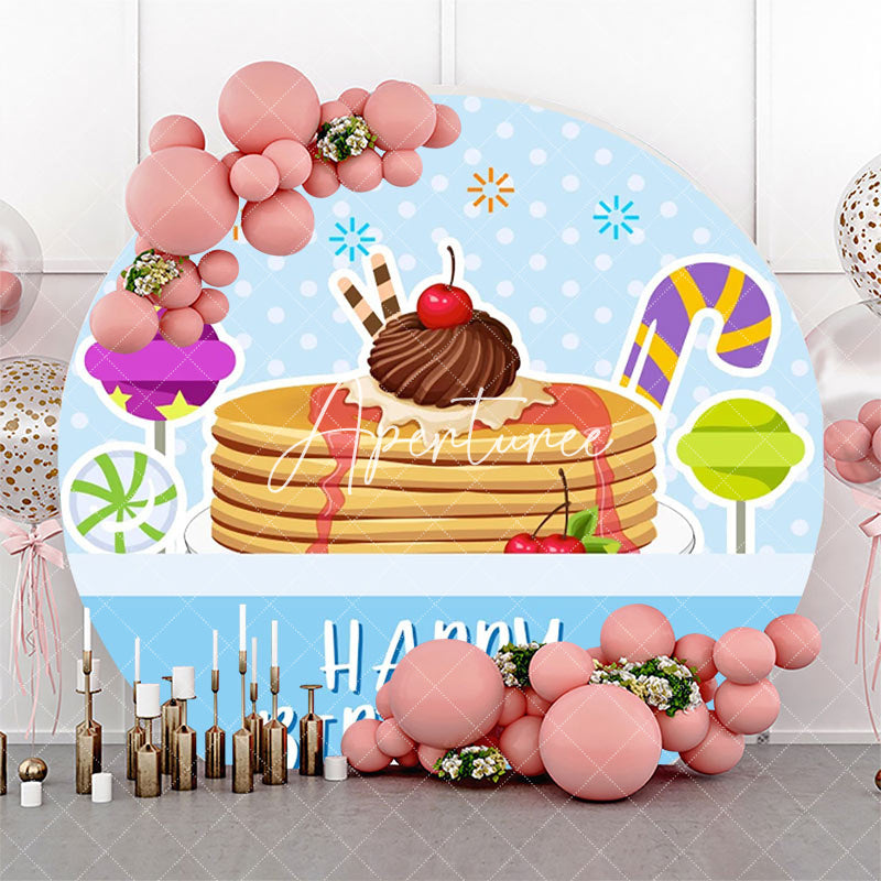 Aperturee - Blue Dots Candyland Cake Round Birthday Backdrop