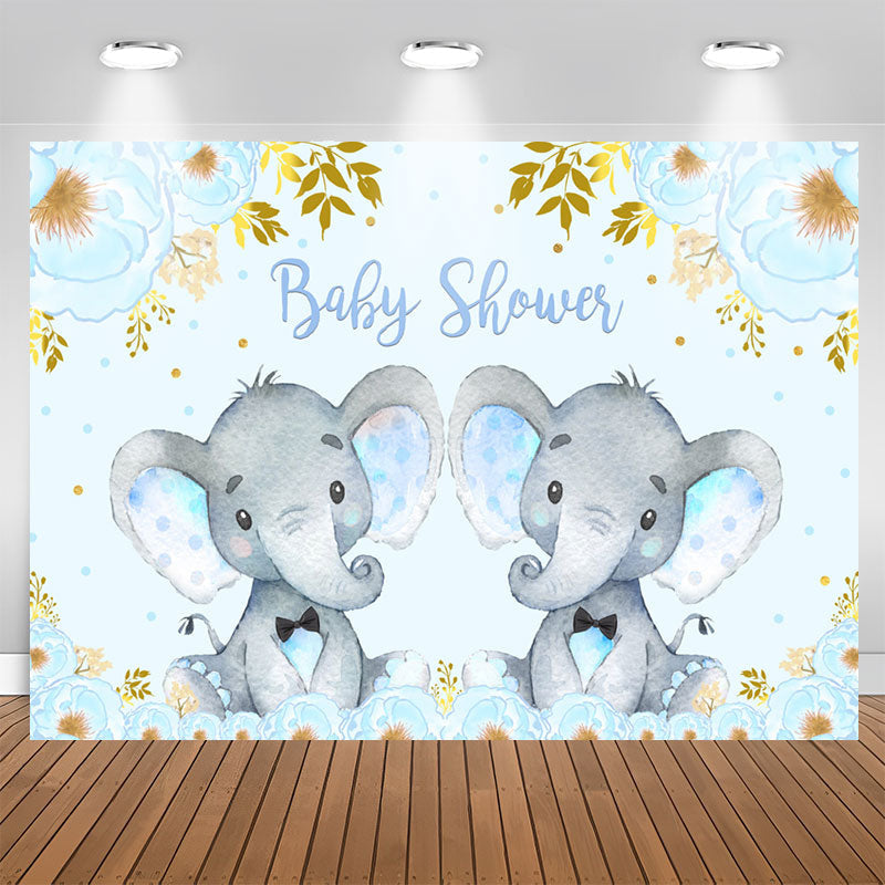 Aperturee - Blue Elephant And Floral Baby Shower Backdrop For Twins