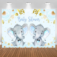 Aperturee - Blue Elephant And Floral Baby Shower Backdrop For Twins