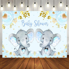 Aperturee - Blue Elephant And Floral Baby Shower Backdrop For Twins