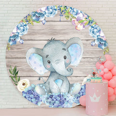 Aperturee - Blue Elephant And Floral Round Wood Baby Shower Backdrop