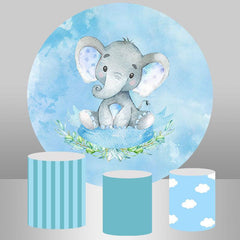 Aperturee Blue Elephant And Leaves Boys Round Baby Shower Backdrop