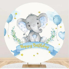 Aperturee - Blue Elephant Balloon Stars Round Birthday Backdrop