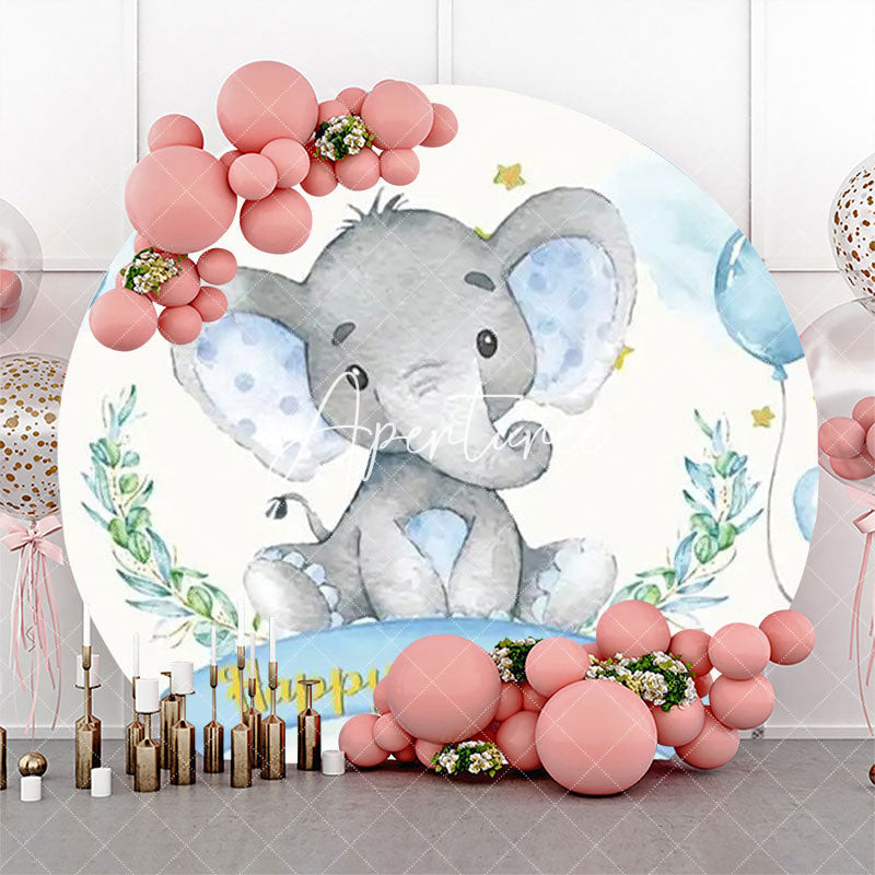 Aperturee - Blue Elephant Balloon Stars Round Birthday Backdrop