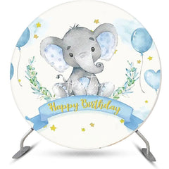 Aperturee - Blue Elephant Balloon Stars Round Birthday Backdrop