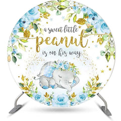 Aperturee - Blue Elephant Floral Gold Round Baby Shower Backdrop