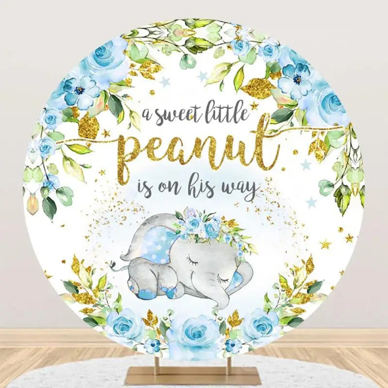 Aperturee - Blue Elephant Floral Gold Round Baby Shower Backdrop