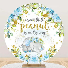 Aperturee - Blue Elephant Floral Gold Round Baby Shower Backdrop