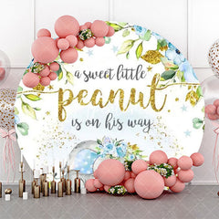 Aperturee - Blue Elephant Floral Gold Round Baby Shower Backdrop