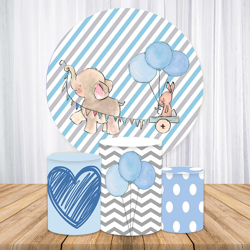 Aperturee Blue Elephant Rabbit Baby Shower Round Backdrop Kit