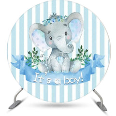 Aperturee - Blue Elephant Stripe Leaf Round Baby Shower Backdrop