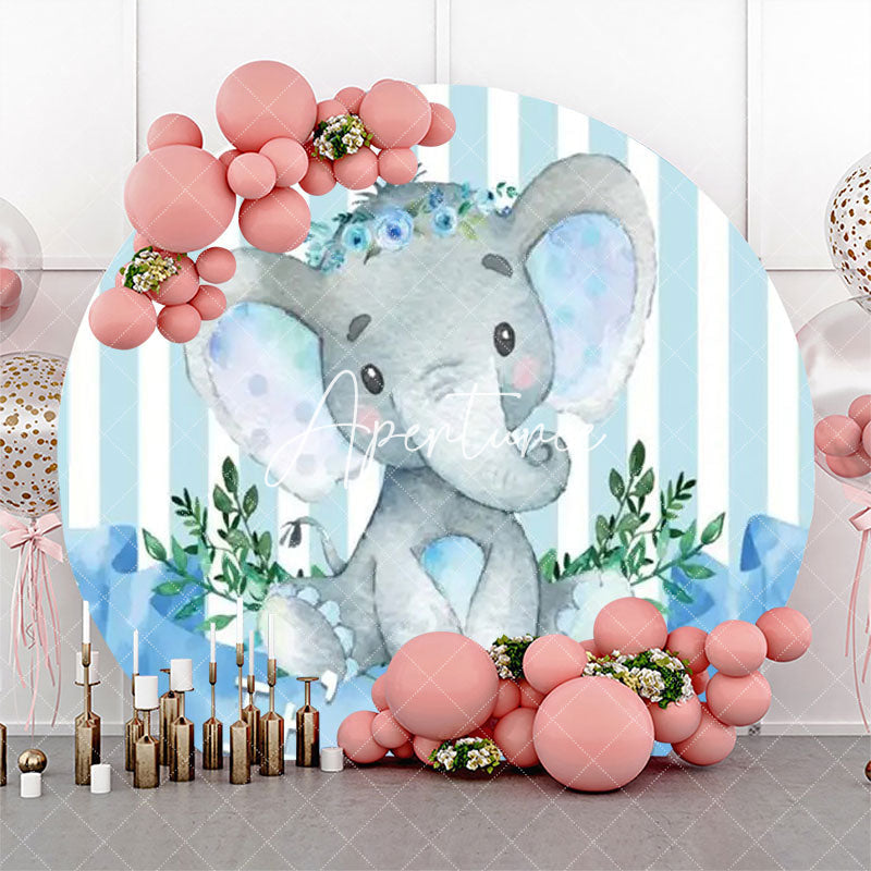 Aperturee - Blue Elephant Stripe Leaf Round Baby Shower Backdrop