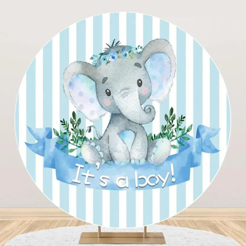 Aperturee - Blue Elephant Stripe Leaf Round Baby Shower Backdrop