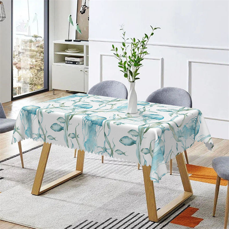 Aperturee - Blue Fish Seaweed Patterns Rectangle Tablecloth