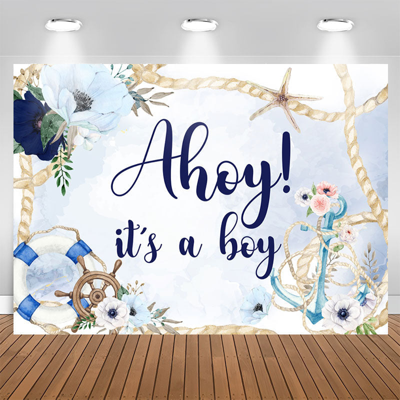 Aperturee - Blue Floral Ahoy It A Boy Backdrop For Baby Shower