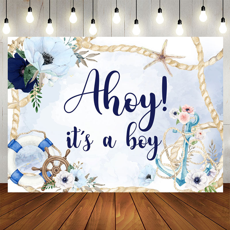 Aperturee - Blue Floral Ahoy It A Boy Backdrop For Baby Shower