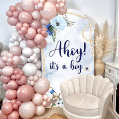 Aperturee - Blue Floral Ahoy Its A Boy Baby Shower Arch Backdrop