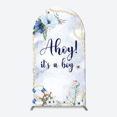 Aperturee - Blue Floral Ahoy Its A Boy Baby Shower Arch Backdrop