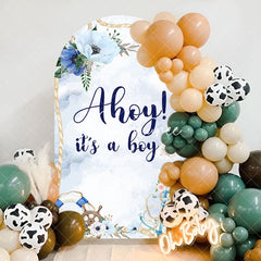 Aperturee - Blue Floral Ahoy Its A Boy Baby Shower Arch Backdrop