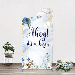 Aperturee - Blue Floral Ahoy Its A Boy Baby Shower Arch Backdrop