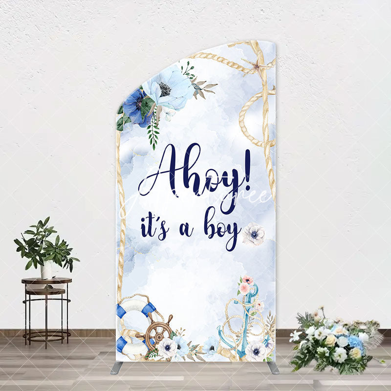 Aperturee - Blue Floral Ahoy Its A Boy Baby Shower Arch Backdrop