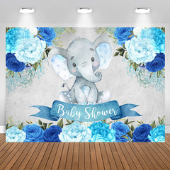 Aperturee - Blue Floral Baby Elephent Baby Shower Backdrop for Boy