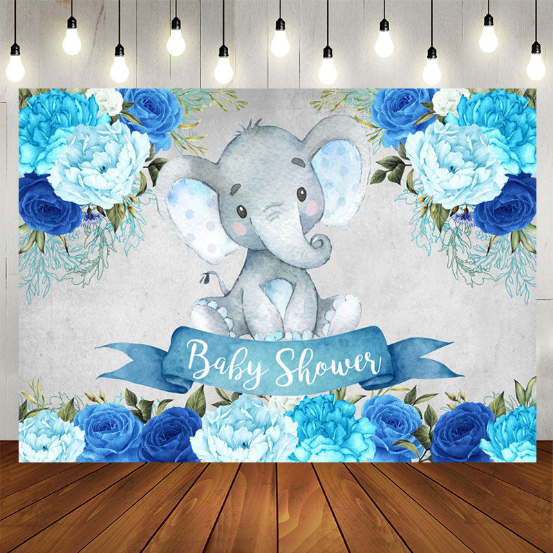 Aperturee - Blue Floral Baby Elephent Baby Shower Backdrop for Boy