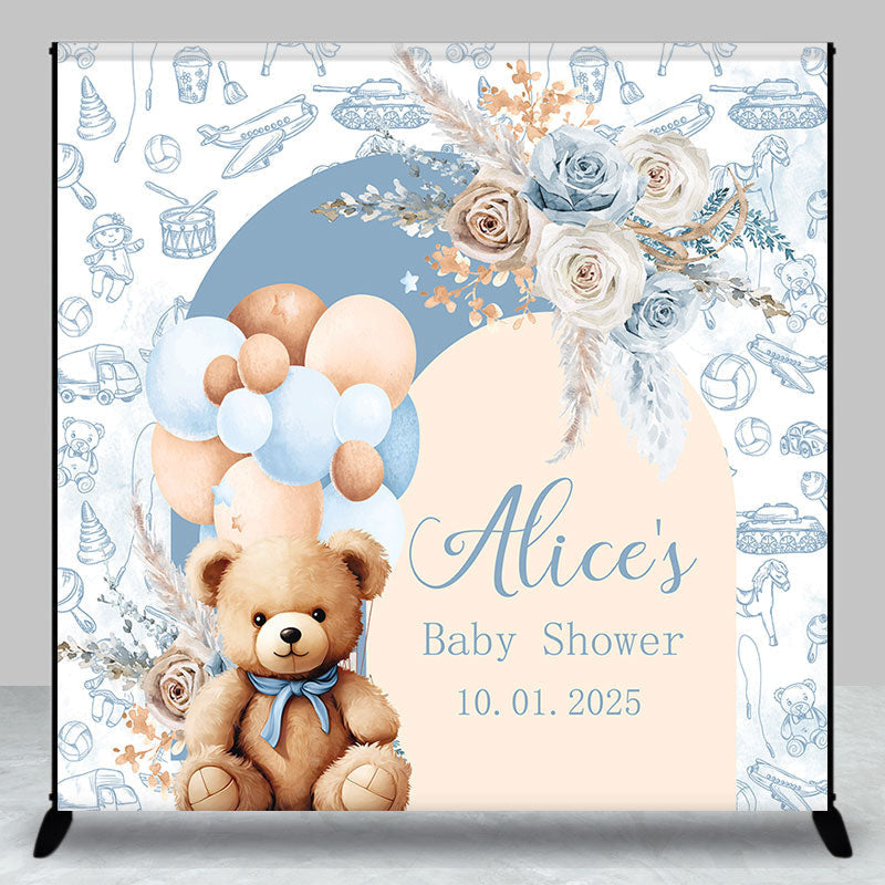 Aperturee - Blue Floral Bear Balloon Custom Baby Shower Backdrop