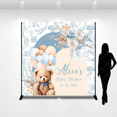 Aperturee - Blue Floral Bear Balloon Custom Baby Shower Backdrop