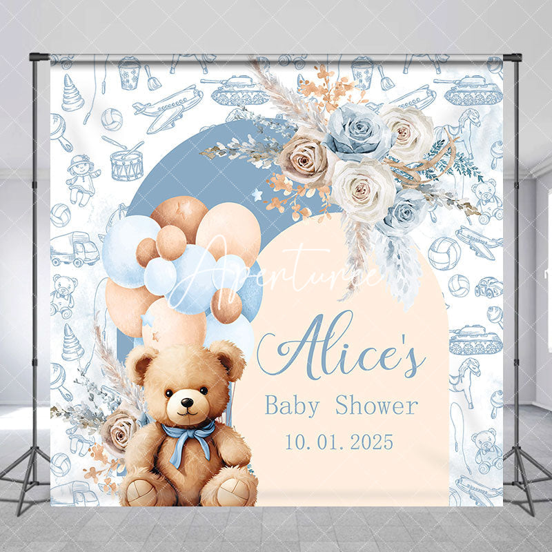 Aperturee - Blue Floral Bear Balloon Custom Baby Shower Backdrop