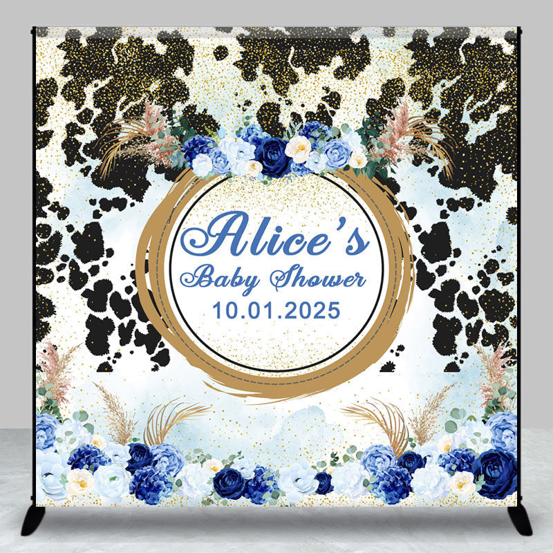 Aperturee - Blue Floral Black Spot Custom Baby Shower Backdrop