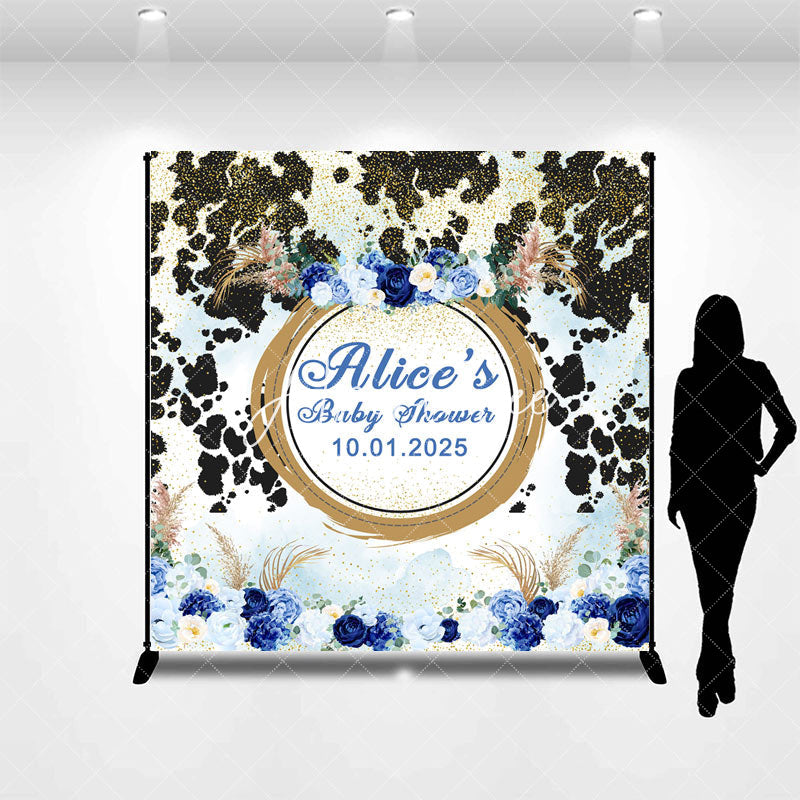 Aperturee - Blue Floral Black Spot Custom Baby Shower Backdrop