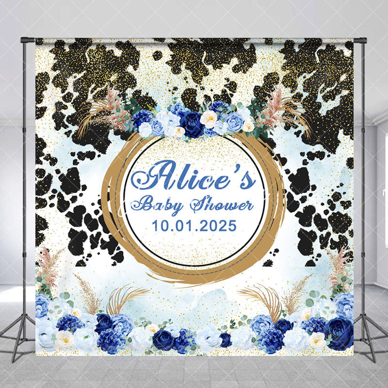 Aperturee - Blue Floral Black Spot Custom Baby Shower Backdrop