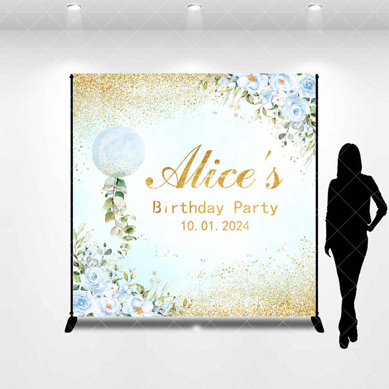 Aperturee - Blue Floral Bubble Gold Custom Birthday Backdrop