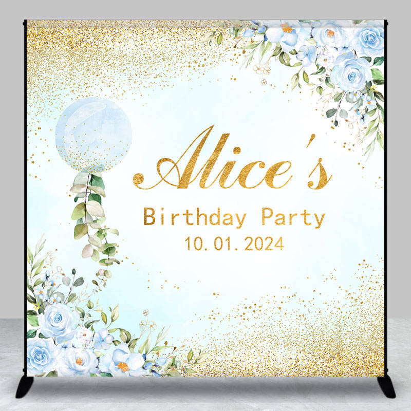 Aperturee - Blue Floral Bubble Gold Custom Birthday Backdrop