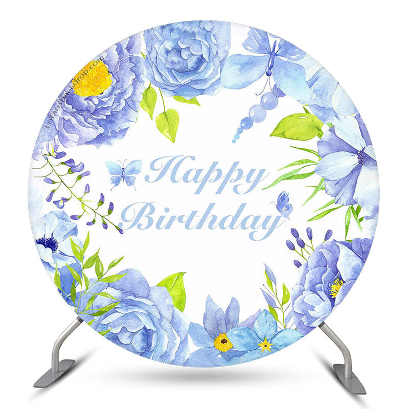 Aperturee Blue Floral Butterfly Circle Happy Birthday Backdrop