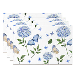 Aperturee - Blue Floral Butterfly Leaf Dining Set Of 4 Placemats